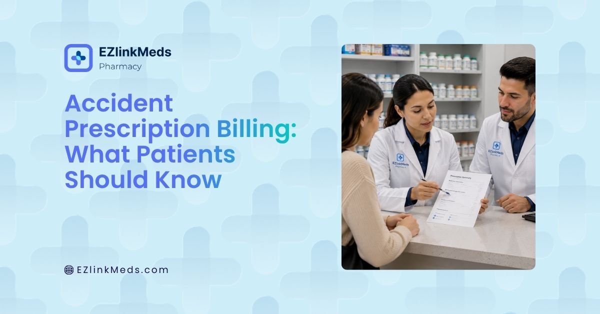 Pharmacy team assisting a patient with prescription fulfillment and billing questions following a motor vehicle accident.