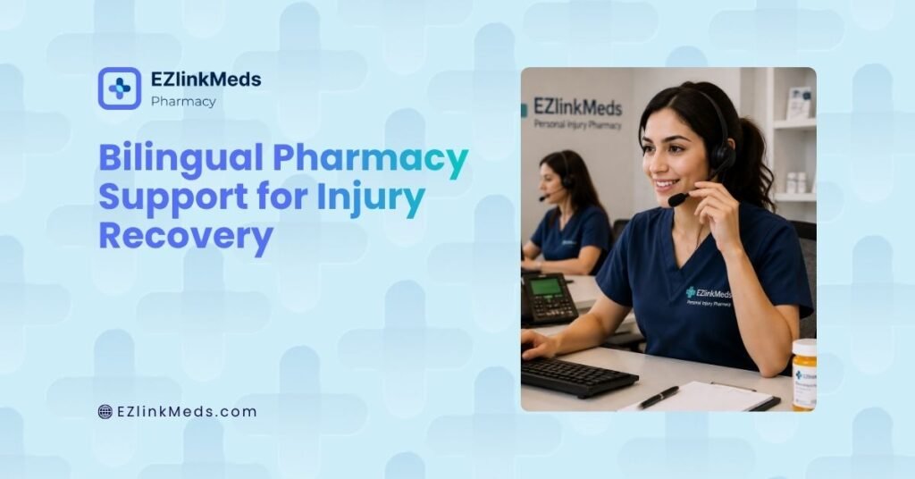 Illustration of a bilingual pharmacy call center assisting personal injury patients with prescription guidance and medication coordination in multiple languages.