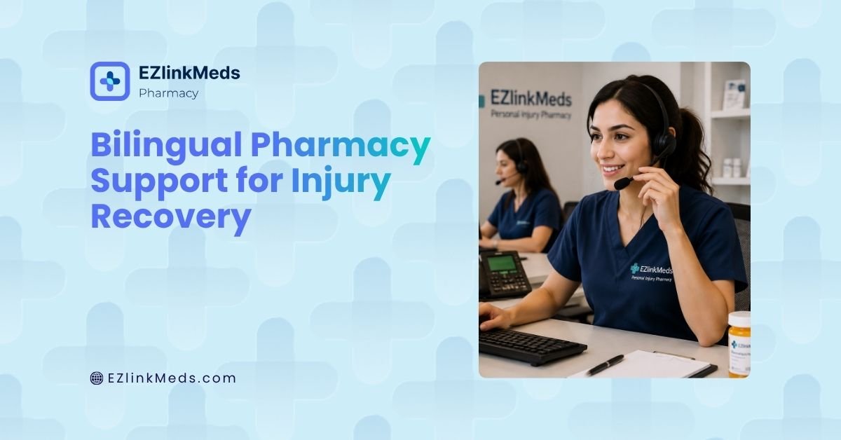 Illustration of a bilingual pharmacy call center assisting personal injury patients with prescription guidance and medication coordination in multiple languages.