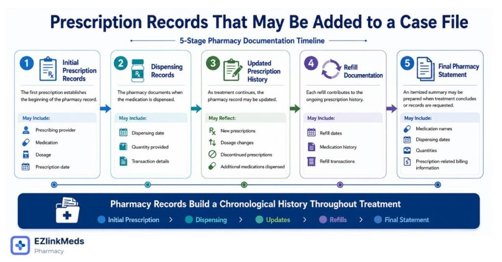 Prescription records timeline showing how pharmacy documentation is added to a personal injury case file throughout treatment, including initial prescriptions, dispensing records, prescription updates, refills, and a final pharmacy statement.