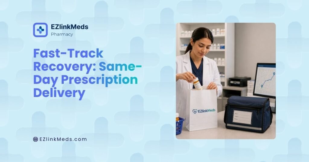 Illustration of a pharmacy professional preparing a prescription for same-day delivery, with medication packaging and delivery coordination in a modern healthcare setting.