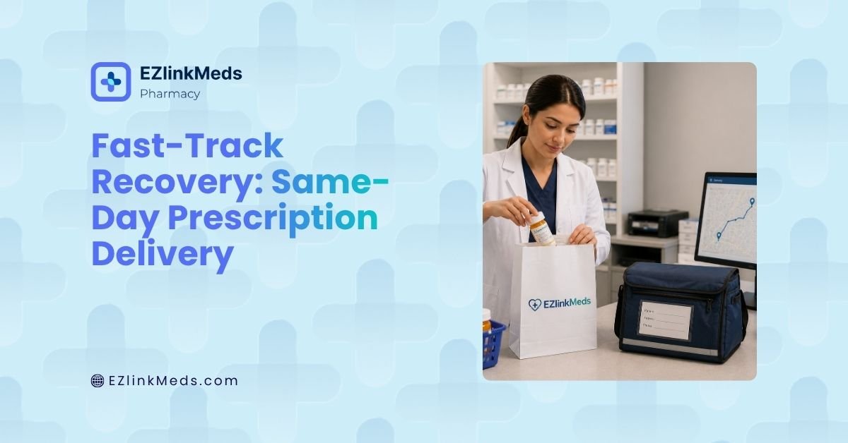 Illustration of a pharmacy professional preparing a prescription for same-day delivery, with medication packaging and delivery coordination in a modern healthcare setting.