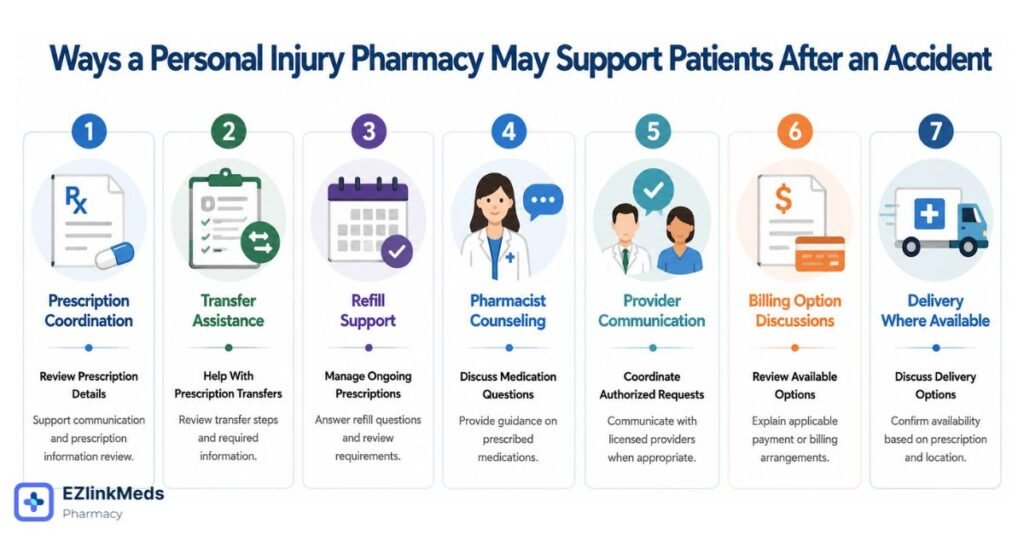 Infographic showing seven ways a personal injury pharmacy may support patients after an accident, including prescription coordination, transfer assistance, refill support, pharmacist counseling, provider communication, billing discussions, and prescription delivery options.