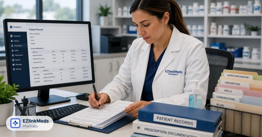 Illustration of a pharmacy professional updating prescription documentation during active treatment, with organized patient records, medication information, and secure pharmacy record management in a clinical setting.