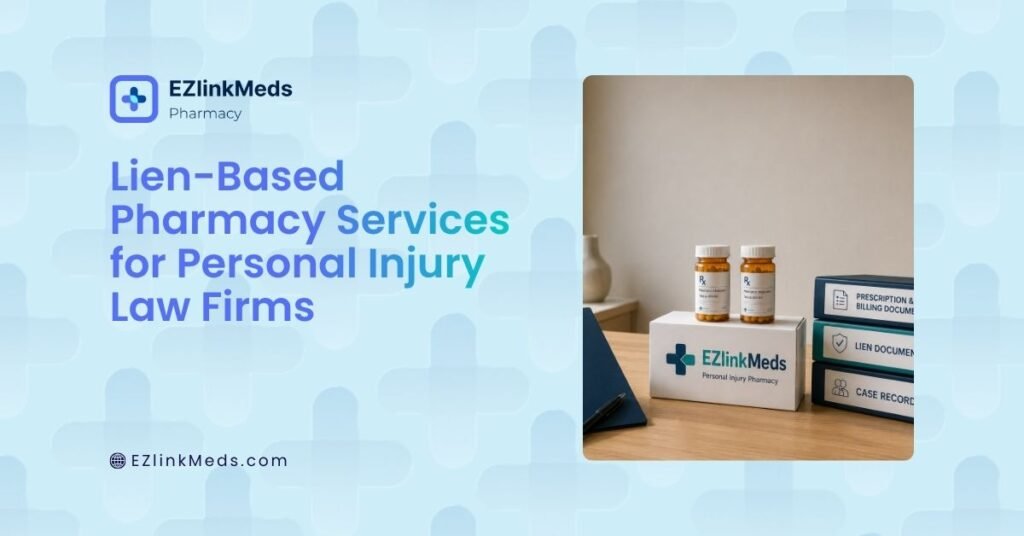 Illustration of a specialized medical lien pharmacy coordinating prescription services, billing documentation, and communication with personal injury law firms to support case management throughout a client's treatment.