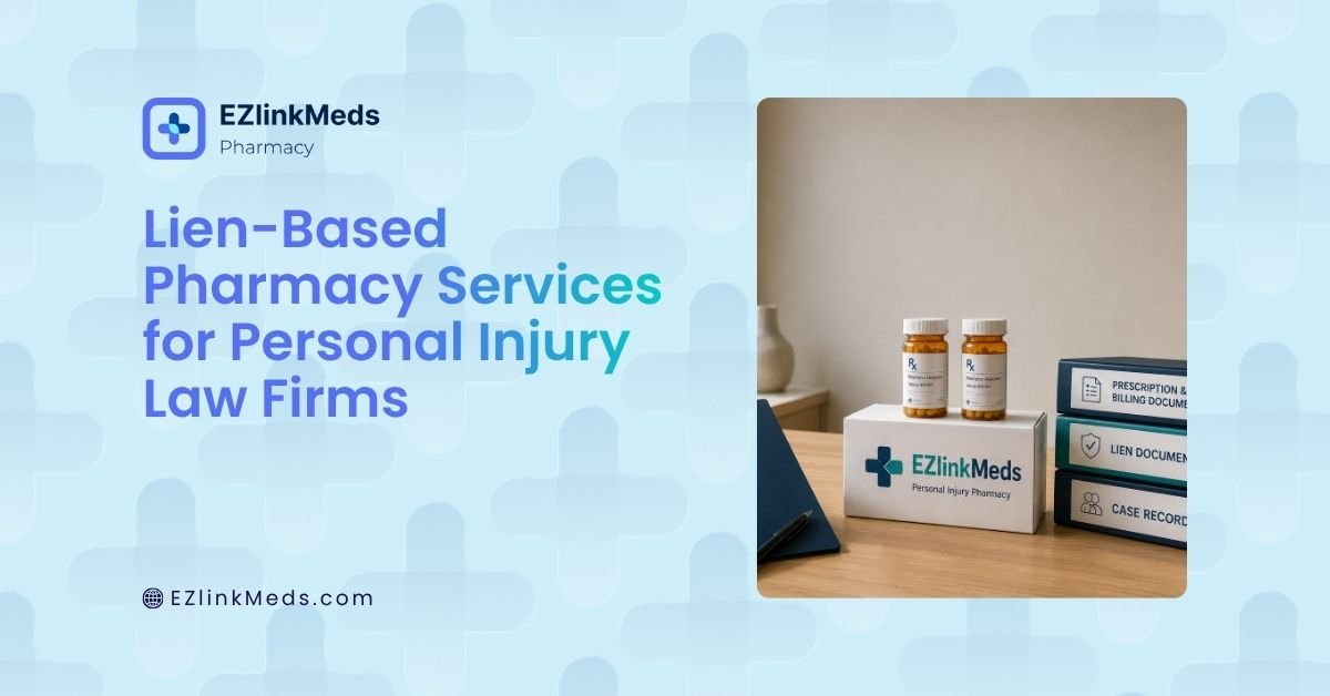 Illustration of a specialized medical lien pharmacy coordinating prescription services, billing documentation, and communication with personal injury law firms to support case management throughout a client's treatment.