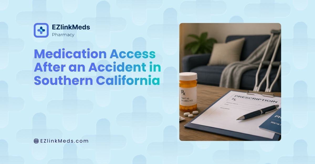 Illustration showing medication access after an accident in Southern California, with prescription medication, pharmacy support, and patient recovery services.