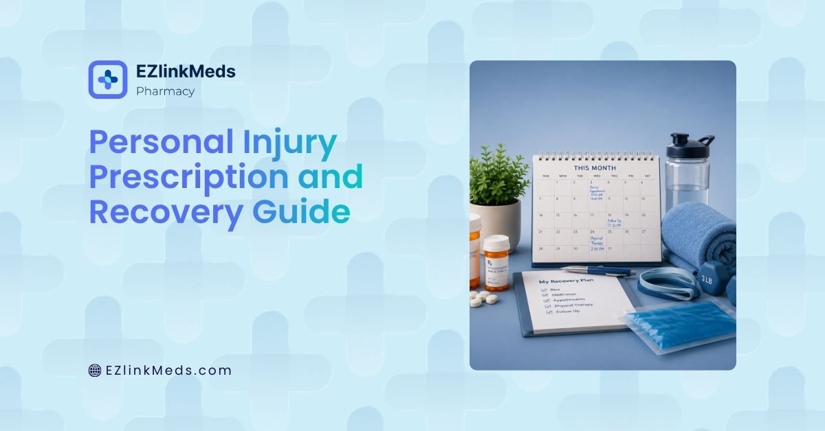 Illustration of a recovery timeline featuring prescription medication, a medical appointment calendar, and rehabilitation supplies representing medication management after a personal injury.
