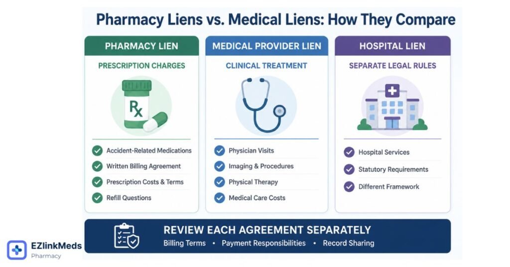 Pharmacy liens vs. medical liens comparison infographic showing differences between prescription charges, medical treatment costs, and hospital services, with a summary of billing terms, payment responsibilities, and record-sharing considerations.