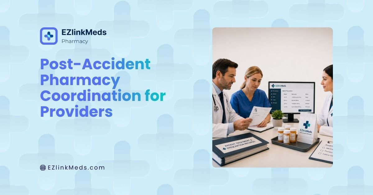 Illustration of healthcare providers coordinating post-accident prescriptions with a specialized pharmacy, showing prescription review, provider communication, medication management, and organized treatment support during patient recovery.