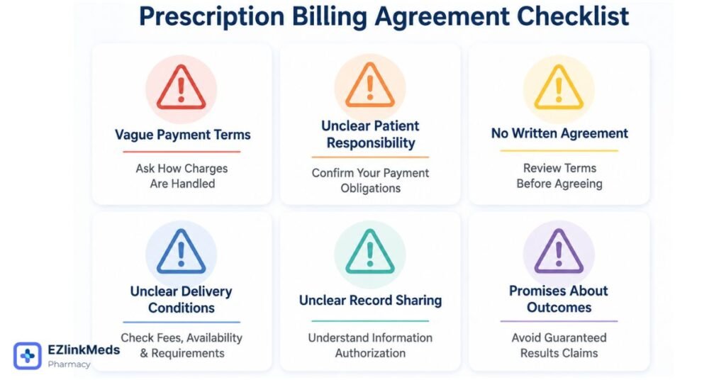 rescription billing agreement checklist infographic highlighting six items accident patients should review, including payment terms, patient responsibility, written agreements, delivery conditions, record sharing authorization, and outcome-related claims.