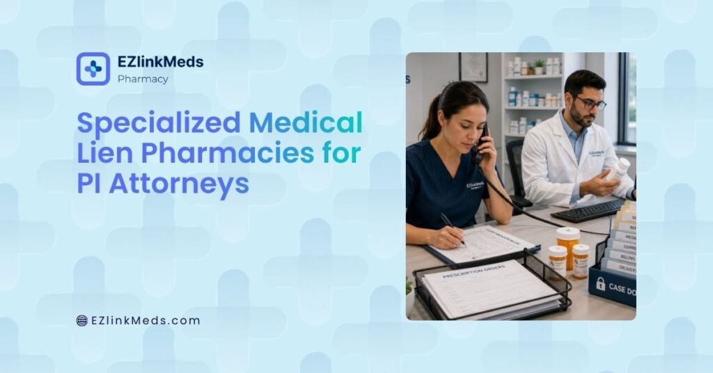 Illustration of a specialized medical lien pharmacy coordinating prescription services and organized case documentation for personal injury attorneys, featuring pharmacy professionals, medication management, and secure healthcare records.
