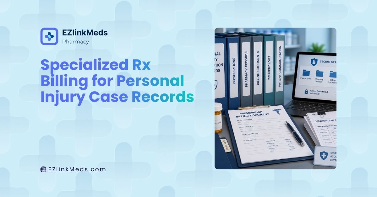 Illustration of organized personal injury prescription records, medication bottles, billing documents, and secure digital healthcare files representing specialized prescription documentation for accident-related care.