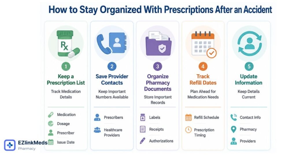 Infographic showing five ways to stay organized with prescriptions after an accident, including keeping a medication list, saving provider contacts, organizing pharmacy documents, tracking refill dates, and updating prescription information.