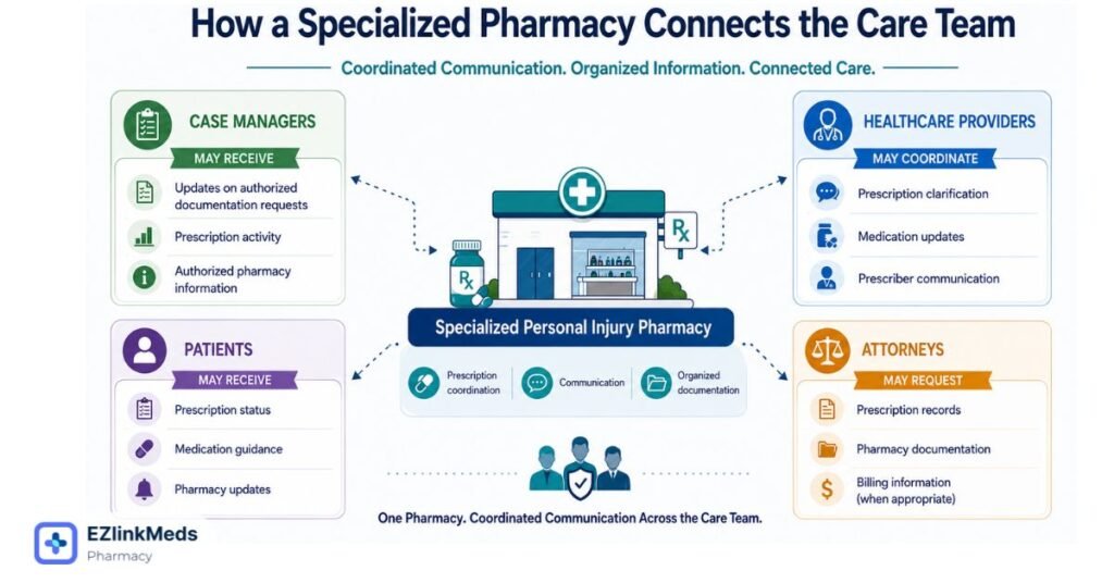 Illustration showing how a specialized personal injury pharmacy connects patients, healthcare providers, case managers, and attorneys through coordinated prescription communication, organized documentation, and pharmacy support.