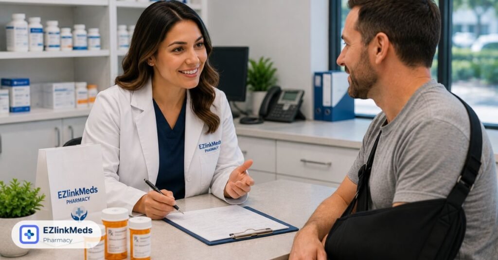Illustration of a pharmacy professional assisting a personal injury client during recovery, featuring prescription coordination, compassionate patient support, and organized medication management in a modern healthcare setting.