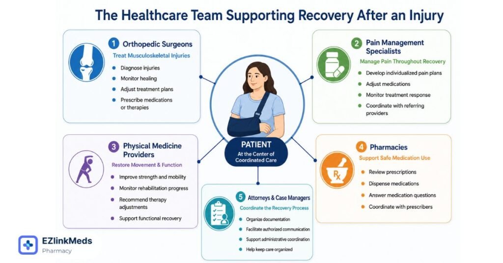 Healthcare team supporting recovery after an injury, showing orthopedic surgeons, pain management specialists, physical medicine providers, pharmacies, attorneys, and case managers coordinating patient care.