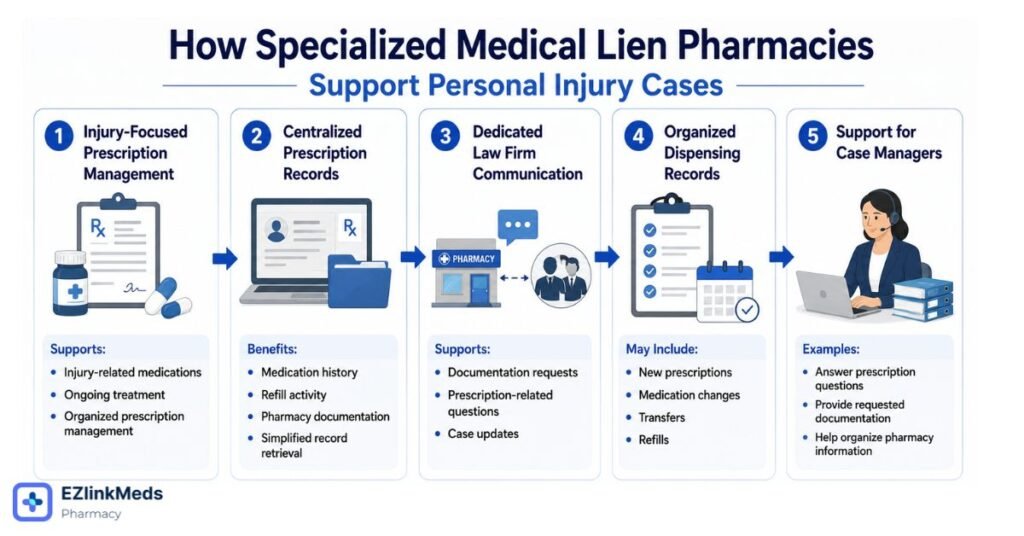 Illustration of common administrative challenges when managing prescription records from multiple retail pharmacies, showing multiple pharmacy locations, inconsistent billing records, limited case-specific communication, and increased administrative work to organize complete pharmacy documentation.