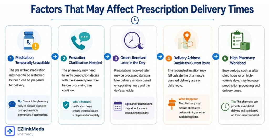 Infographic illustrating common factors that may affect prescription delivery times, including medication availability, prescriber verification, order timing, delivery routes, and pharmacy workload.