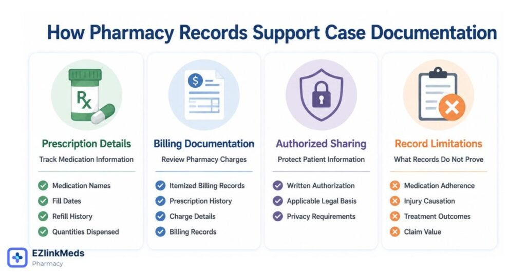 Infographic explaining how pharmacy records support case documentation, highlighting prescription details, billing documentation, authorized sharing, and limitations of pharmacy records in personal injury cases.