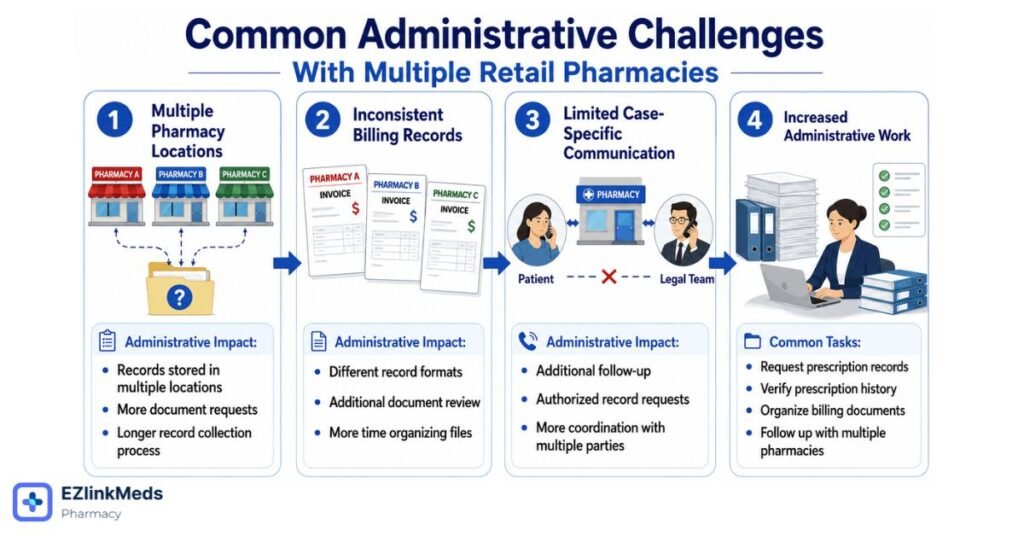 Illustration of common administrative challenges when managing prescription records from multiple retail pharmacies, showing multiple pharmacy locations, inconsistent billing records, limited case-specific communication, and increased administrative work to organize complete pharmacy documentation.